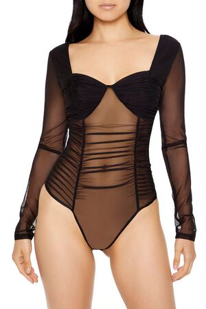 BLACK Sheer Mesh Sweetheart Bodysuit, image 2