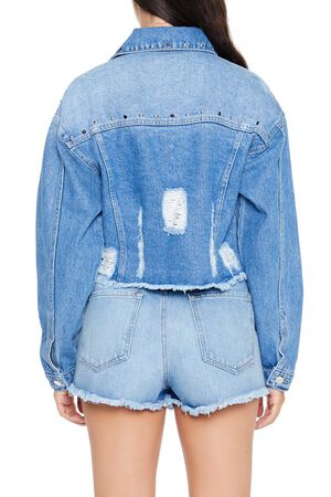 MEDIUM DENIM Studded Denim Trucker Jacket, image 3