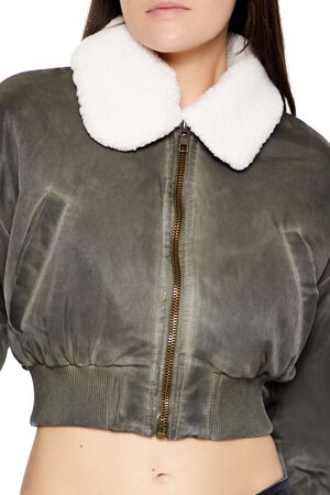 DARK BROWN Oil Wash Cropped Bomber Jacket, image 3