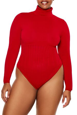 DARK RED Plus Size Sweater-Knit Bodysuit, image 2