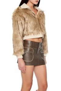 TAN/MULTI Cropped Faux Fur Bomber Jacket, image 4