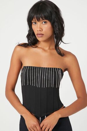 BLACK/SILVER Rhinestone Fringe Tube Top, image 1