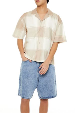 TAUPE/CREAM Plaid Drop-Sleeve Cropped Shirt, image 1