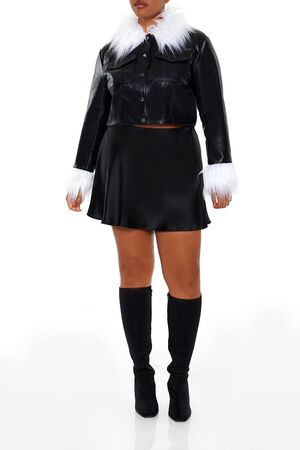 BLACK/WHITE Plus Size Faux Fur-Trim Shacket, image 2