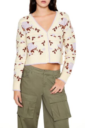 CREAM/PURPLE Floral Print Cardigan Sweater, image 1