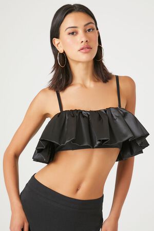BLACK Satin Ruffle Cropped Cami, image 1