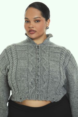 DARK GREY Plus Size Cable Knit Cropped Sweater, image 1
