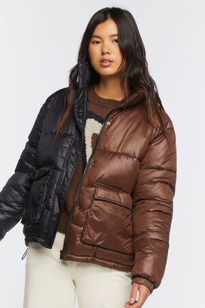 BLACK/BROWN Colorblock Puffer Jacket, image 1