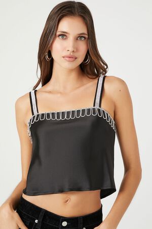 BLACK Satin Rhinestone-Trim Cropped Cami, image 1