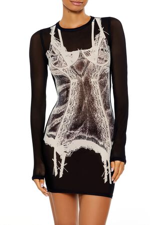 BLACK/MULTI Mesh Garter Graphic Mini Dress, image 2
