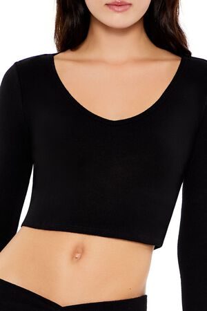BLACK V-Neck Long-Sleeve Crop Top, image 3