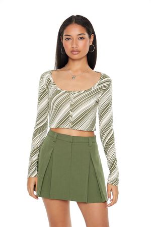 GREEN/MULTI Striped Button-Front Crop Top, image 1