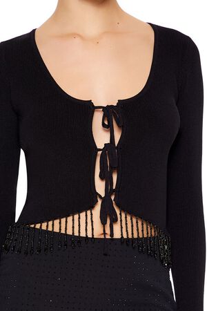 BLACK Beaded Fringe Cardigan Sweater, image 3