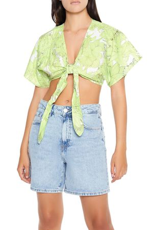GREEN/MULTI Floral Print Tie-Front Crop Top, image 1