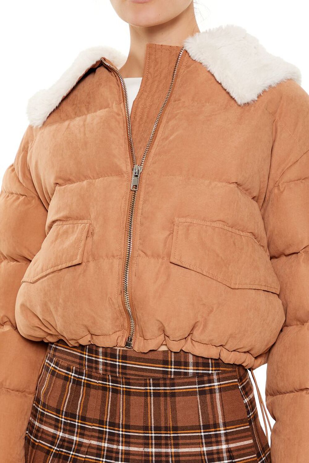 LIGHT BROWN Faux Leather Puffer Jacket, image 3