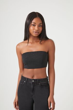 BLACK Rhinestone Cropped Tube Top, image 1