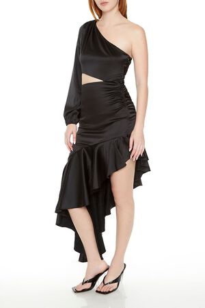 BLACK Asymmetrical One-Shoulder Midi Dress, image 2