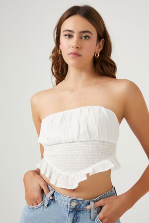 WHITE Smocked Ruffle-Trim Tube Top, image 1