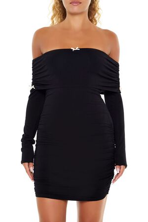 BLACK Off-the-Shoulder Bow Mini Dress, image 2