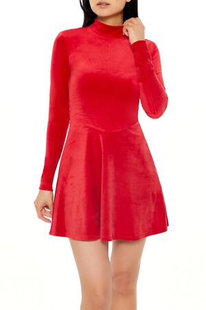 DARK RED Velour Skater Mini Dress, image 2