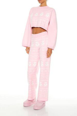 PINK/WHITE Fair Isle Wide-Leg Pajama Pants, image 3