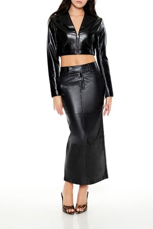 BLACK Cropped Faux Leather Zip-Up Jacket, image 2