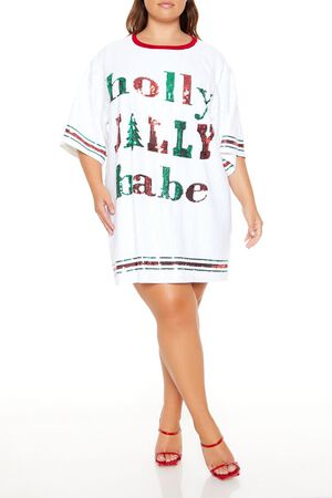 WHITE/MULTI Plus Size Sequin Jolly Babe T-Shirt Dress, image 1