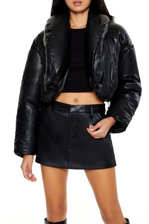BLACK Faux Leather Cropped Puffer Jacket, image 1