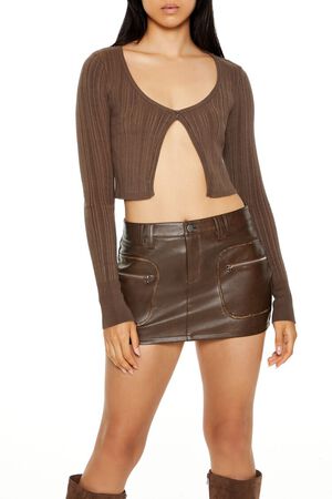 ASH BROWN Cropped Split-Hem Cardigan Sweater, image 1