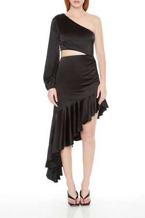BLACK Asymmetrical One-Shoulder Midi Dress, image 1
