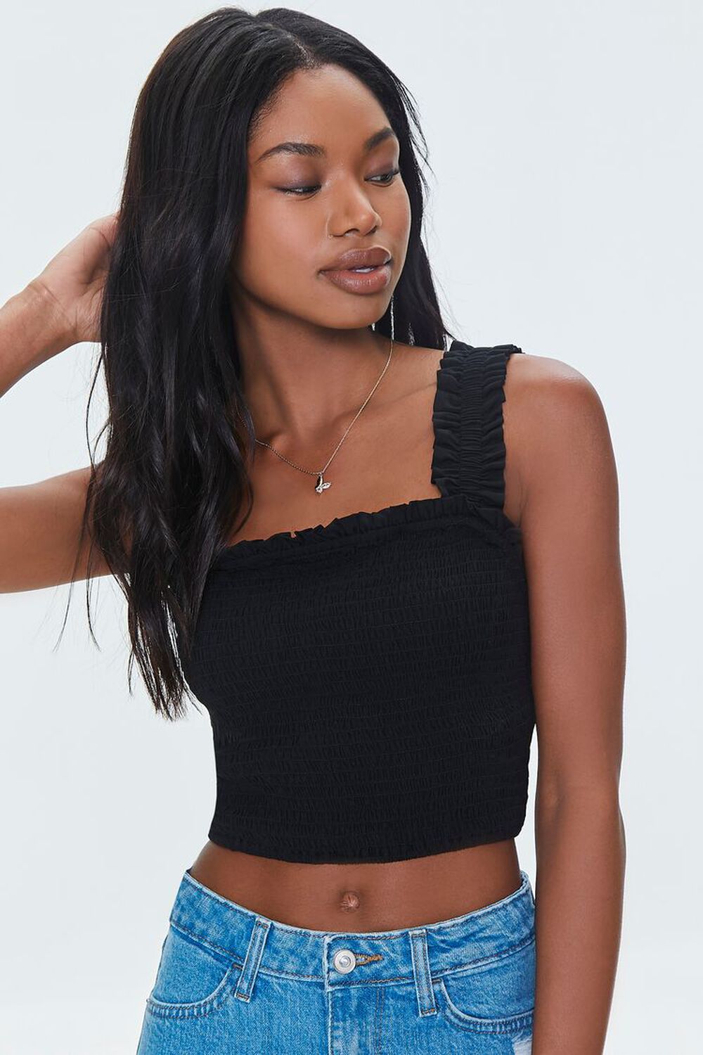 BLACK Smocked Ruffled Cropped Tank Top, image 2