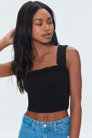 WHITE Smocked Ruffled Cropped Tank Top, image 2