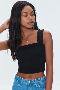BLACK Smocked Ruffled Cropped Tank Top, image 2