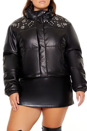 BLACK Plus Size Faux Leather Puffer Jacket, image 3