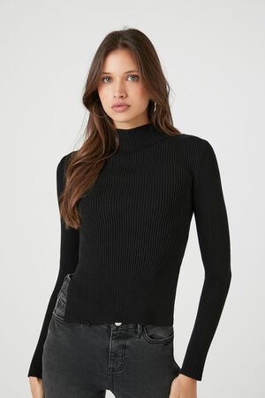 BLACK Ribbed Mock Neck Sweater, image 1