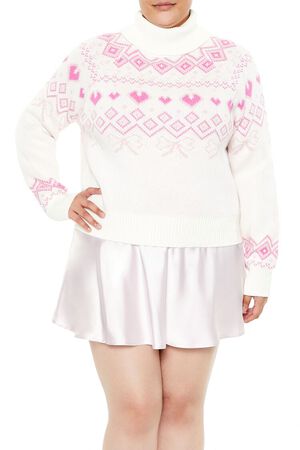 WHITE/PINK Plus Size Fair Isle Turtleneck Sweater, image 1
