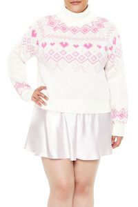 WHITE/PINK Plus Size Fair Isle Turtleneck Sweater, image 1