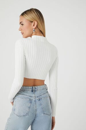 WHITE Sweater-Knit Mock Neck Crop Top, image 3