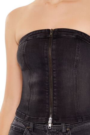 BLACK Denim Zip-Front Cropped Tube Top, image 3