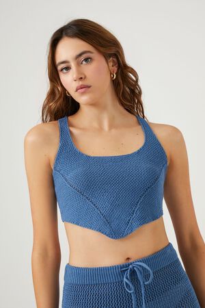 BLUE Sweater-Knit Crochet Tank Top, image 1