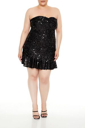 BLACK Plus Size Sequin Sweetheart Mini Dress, image 1