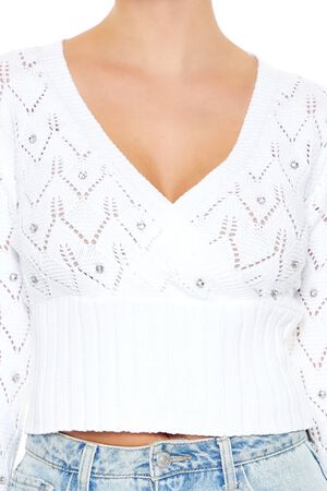 WHITE Rhinestone Cropped Sweater, image 3