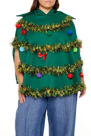 GREEN/MULTI Plus Size Christmas Tree Poncho, image 1