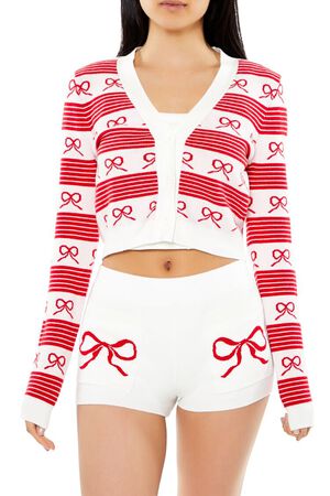 RED/WHITE Striped Bow Cardigan Sweater, image 1