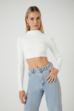 WHITE Sweater-Knit Mock Neck Crop Top, image 1