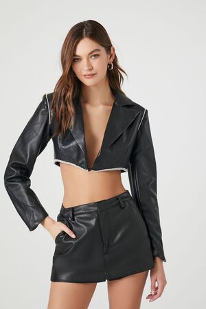 BLACK Cropped Faux Leather Jacket, image 1