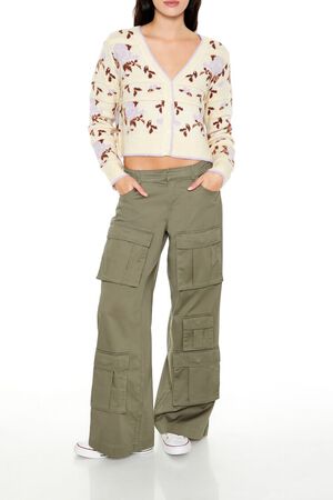 CREAM/PURPLE Floral Print Cardigan Sweater, image 2