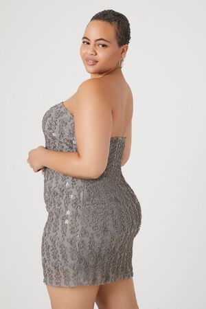 DARK GREY Plus Size Textured Mesh Mini Tube Dress, image 3