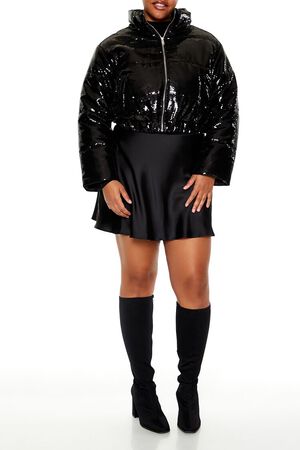BLACK Plus Size Sequin Puffer Jacket, image 2