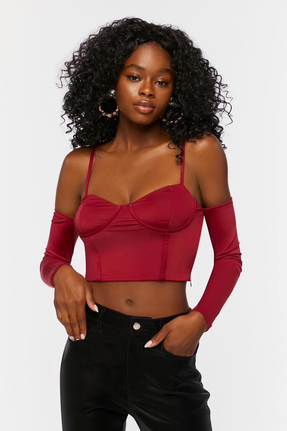 BURGUNDY Bustier Open-Shoulder Crop Top, image 1